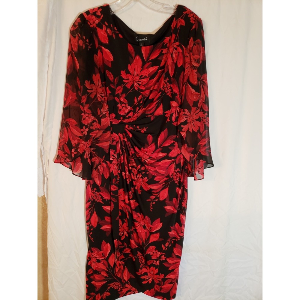Women's Connected Apparel Black With Red Floral Bell Sleeves Dress Size 10